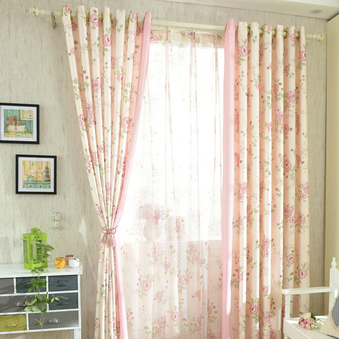 Romantic Pink Floral Poly/Cotton Shabby Chic Curtains