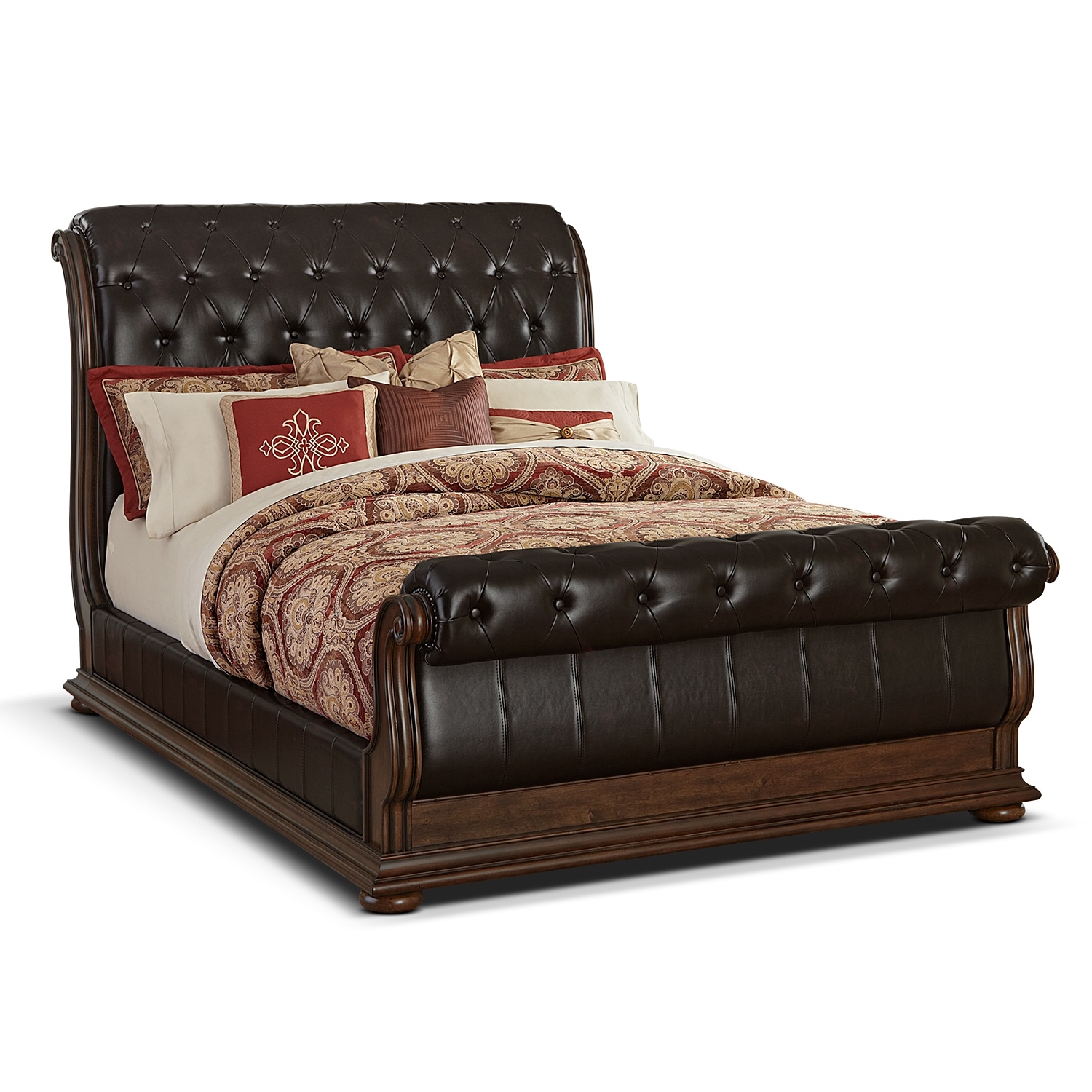 Monticello Pecan Upholstered Sleigh Bed | Value City Furniture and