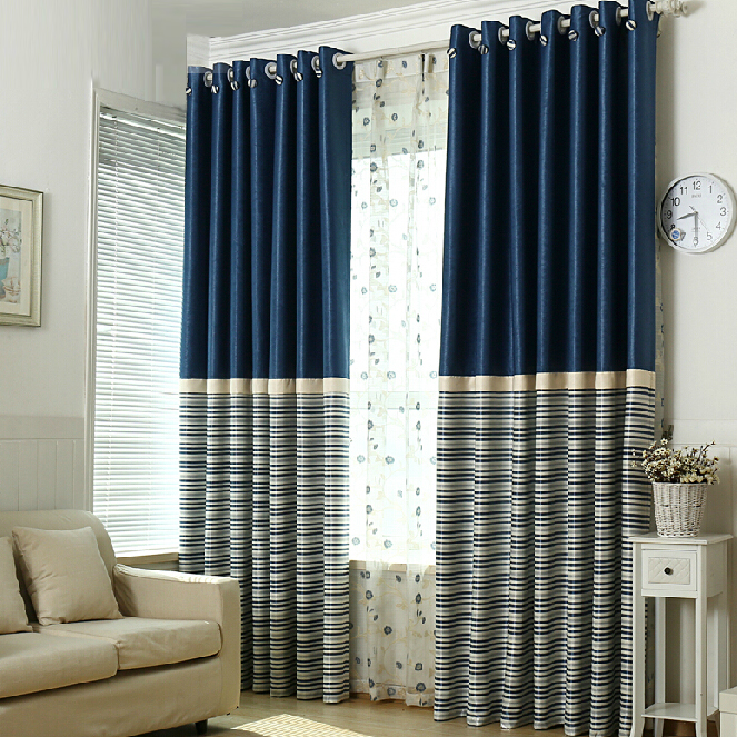 Simple Navy Polyester Blackout Striped Curtains