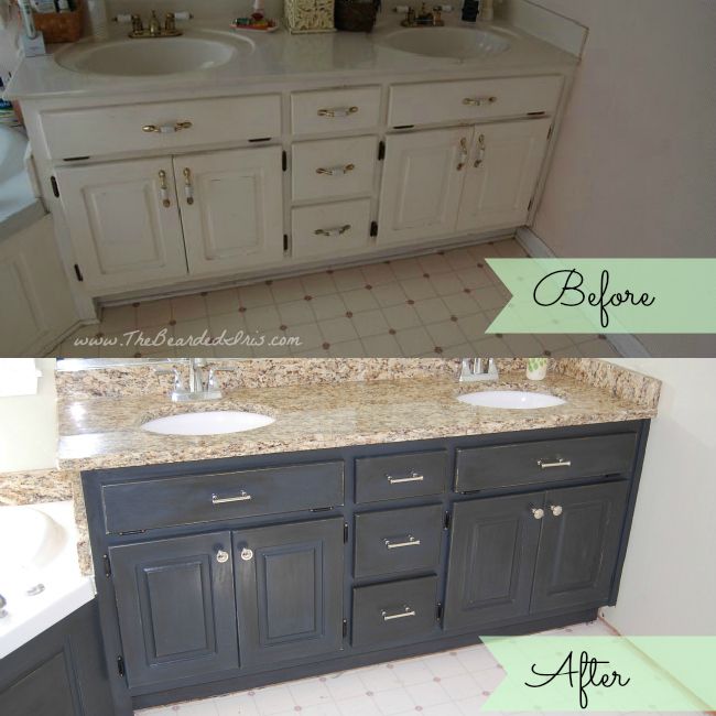 before and after of bathroom vanity makeover by The Bearded Iris .
