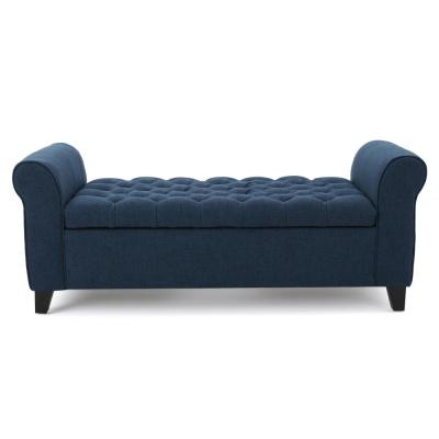 Noble House Keiko Tufted Dark Blue Fabric Armed Storage Bench .