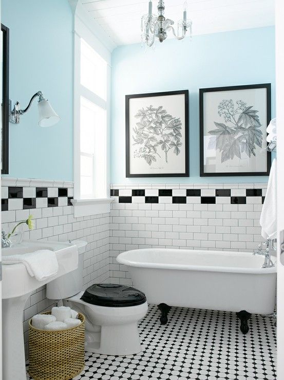 Vintage style bathroom with black & white tile, claw foot tub .