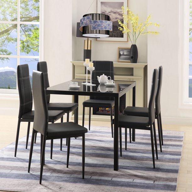 Kitchen Dining Table Set, 7 Piece Modern Glass Kitchen Table and .