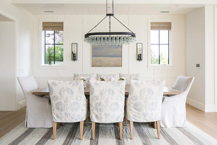 Slipcovered Dining Chairs on Gray Stripe Jute Rug - Cottage .