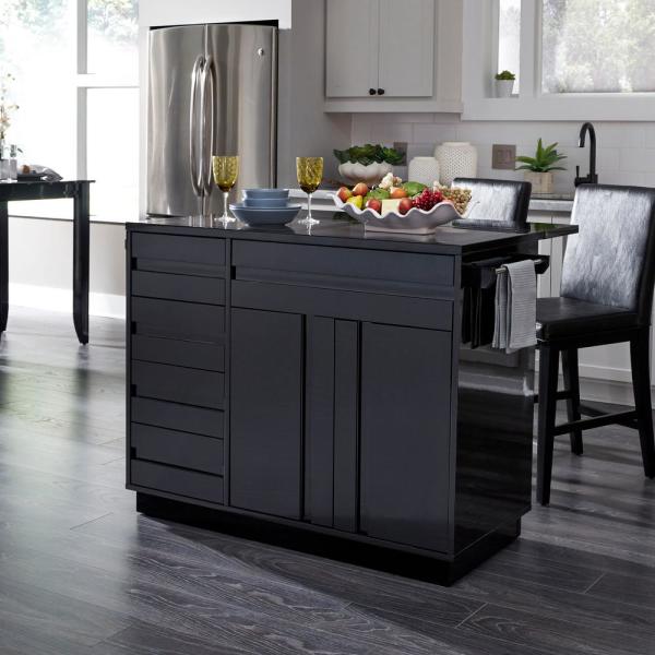 HOMESTYLES Linear Black Kitchen Island with 2-Bar Stools and Drop .