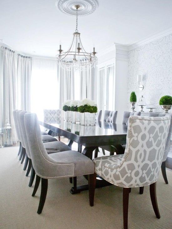 Contemporary Dining Room -- love the patterned chairs for the head .