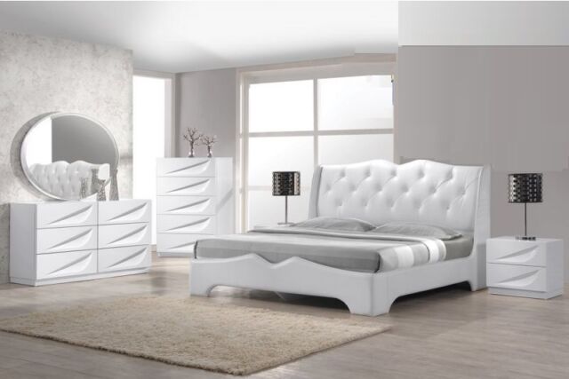 Spain White Modern Bedroom Est King Size Bed & Headboard W Leather .