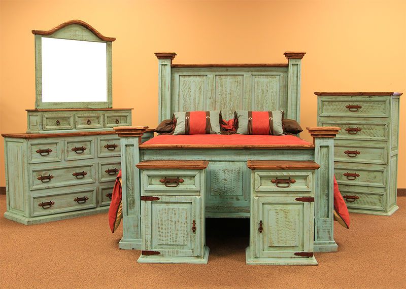 Turquoise Washed Rustic Bedroom Set | Rustic bedroom sets, Rustic .