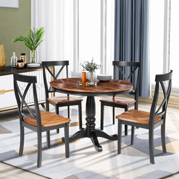 Kitchen Table and 4 Chairs Set, URHOMEPRO 5 Piece Wooden Round .