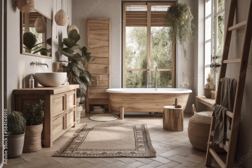 Incorporate natural wood elements for a warm boho bathroom atmosphere