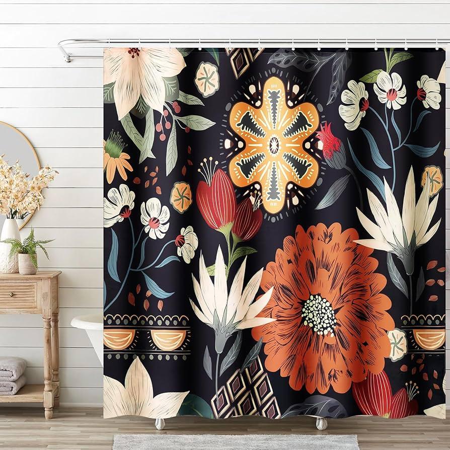 Vintage-inspired shower curtains featuring flowing patterns for a boho bathroom vibe