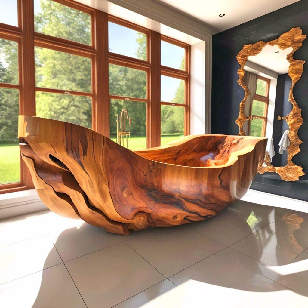 Beautiful wooden bathroom tubs create a spa-like retreat