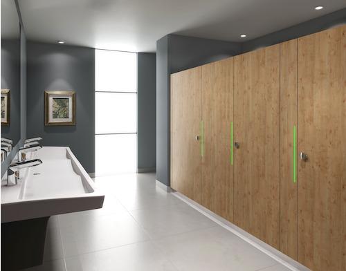 Stylish wooden bathroom partitions create private, intimate areas