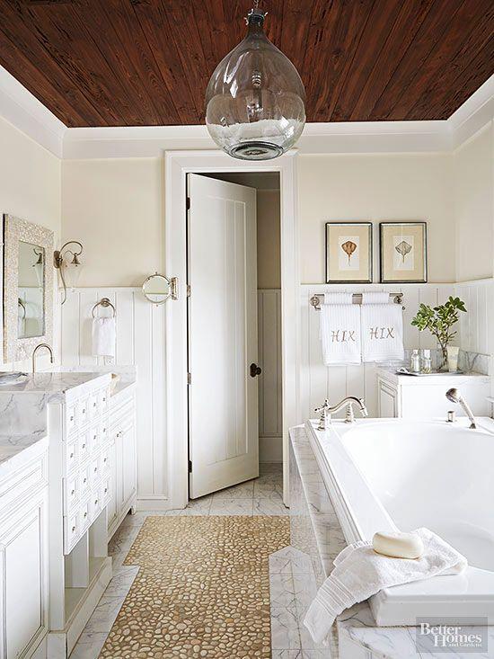 Wooden bathroom ceiling beams for a cozy, architectural detail